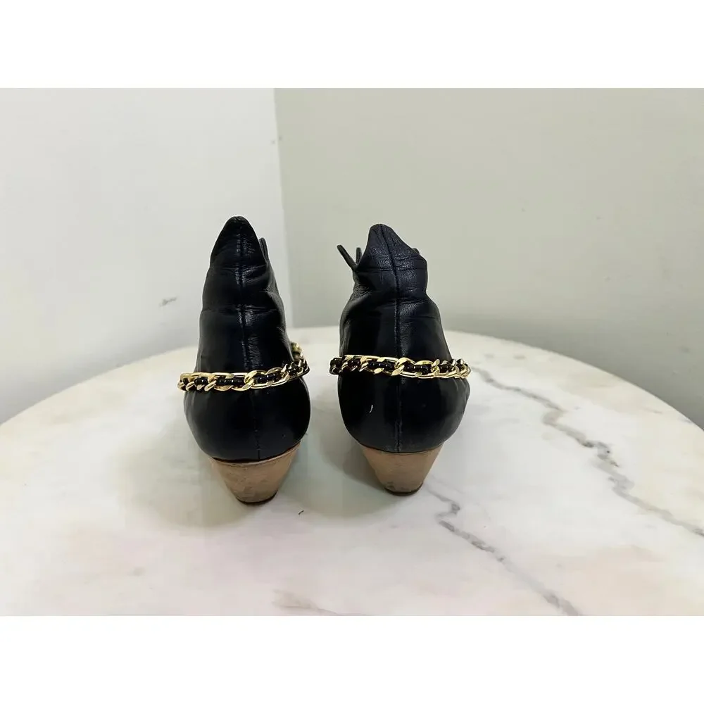 VINTAGE FALL 2008 BERNHARD WILLHELM GOLD CHAIN BLUE/BEIGE WEDGE BOOTIES SZ 7 - Picture 3 of 10